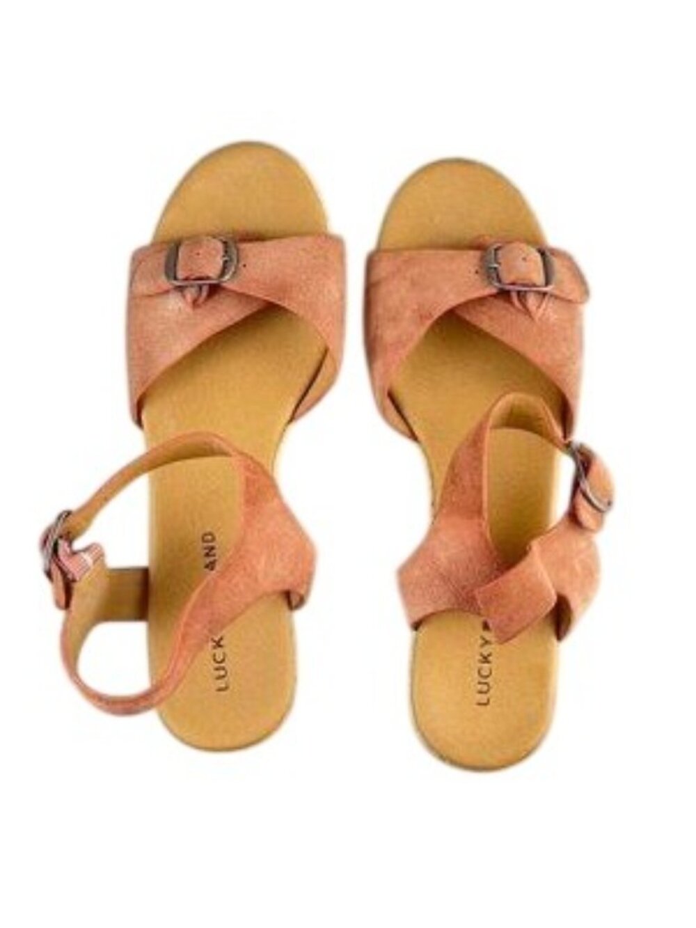 Lucky Brand Leather Upper Wedge Sandals With Adjustable Straps & Buckles Orange - Picture 11 of 11